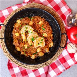 Fideos tostados con langostinos y mayonesa de Bogavente